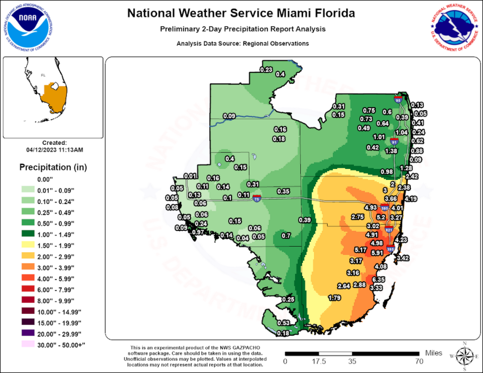 An early estimate from NWS Miami suggests South Florida has seen up to 6 inches of rain in two days from the recent downpour, enough to swamp cars on roads and turn parks into lakes.