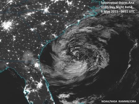 Subtropical Storm Ana is seen in a view from the NOAA Suomi National Polar-obiting Partnership day/night band satellite captured around 02:51 am EDT (06:51 GMT) May 8, 2015. REUTERS/NOAA/NASA/Handout