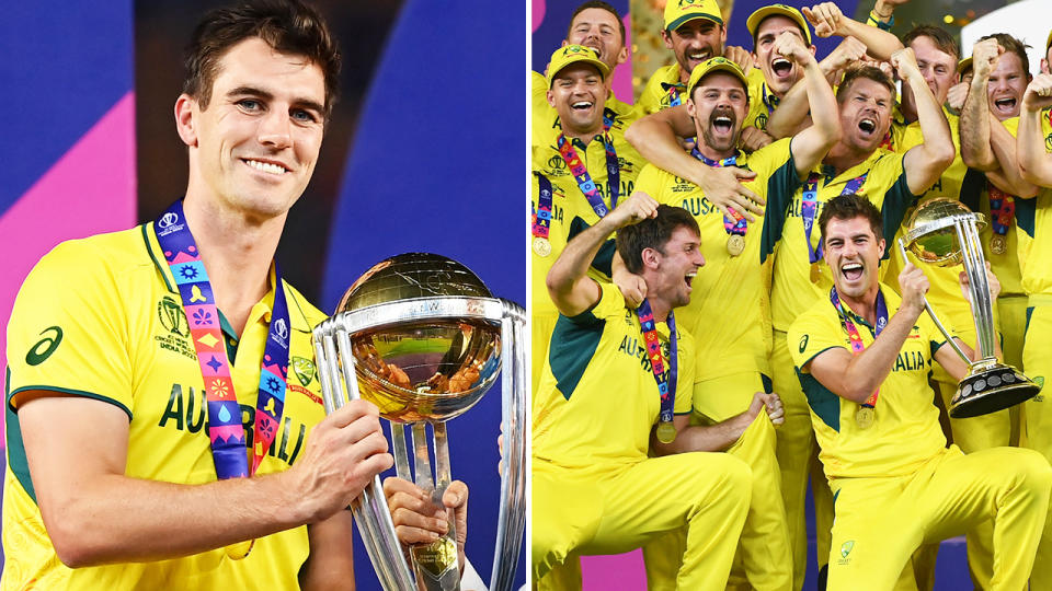 Pat Cummins, pictured here with the trophy after leading Australia to Cricket World Cup glory.