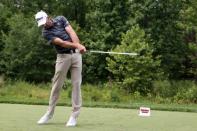 Jul 2, 2017; Potomac, MD, USA; Geoff Ogilvy tees off on the 11th hole during the final round of the Quicken Loans National golf tournament at TPC Potomac at Avenel Farm. Mandatory Credit: Peter Casey-USA TODAY Sports