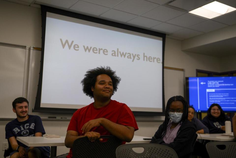 D’Trique Fitzgerald, a freshman, attends a weekly meeting for the RISE Fall Colloquium at Rice University in Houston, Texas, US, on Tuesday, Sept. 26, 2023. In June, Gov. Greg Abbott signed a bill that prohibits diversity, equity and inclusion offices in Texas public colleges and universities starting in 2024.