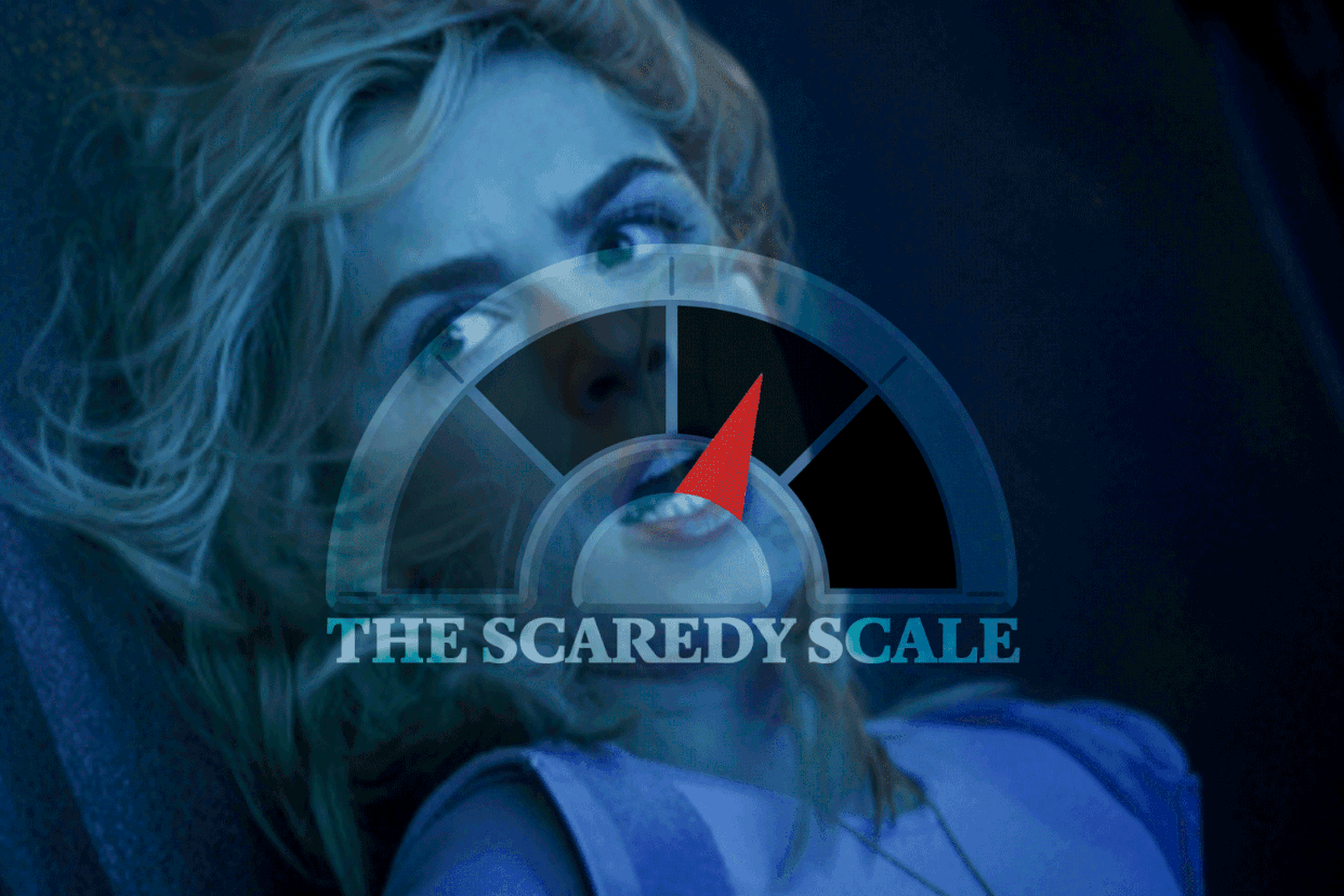 Jamie (played by Kiernan Shipka) in Totally Killer looking scared. There is a red needle jiggling on the Scaredy Scale dial overlaid on the movie still.