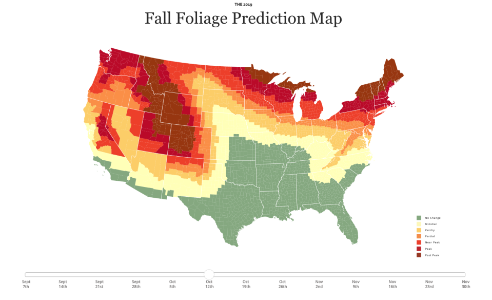 This interactive map from SmokyMountains.com predicts when and where fall foliage is at its prime across the U.S.