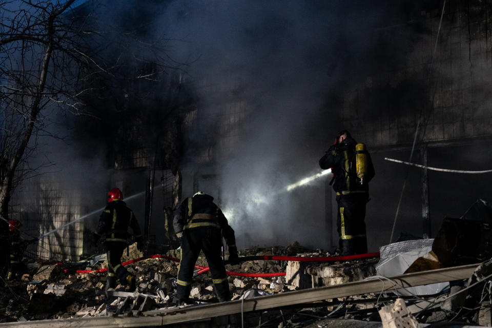 KYIV, UKRAINE - MARCH 01: Emergency crews respond after a missile landed near Kyiv's TV Tower in Ukrainian capital, Kyiv on March 01, 2022. (Photo by Wolfgang Schwan/Anadolu Agency via Getty Images)