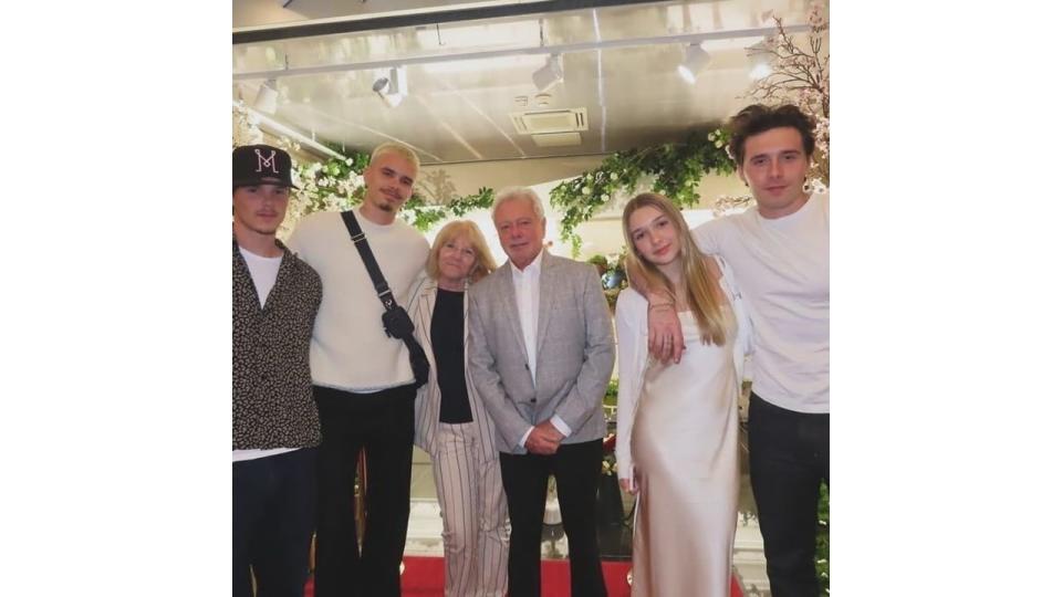 The Beckham family, Cruz, Romeo Harper and Brooklyn, celebrating Victoria Beckham's Dad Antony's birthday, also pictured with Victoria's mother Jackie.