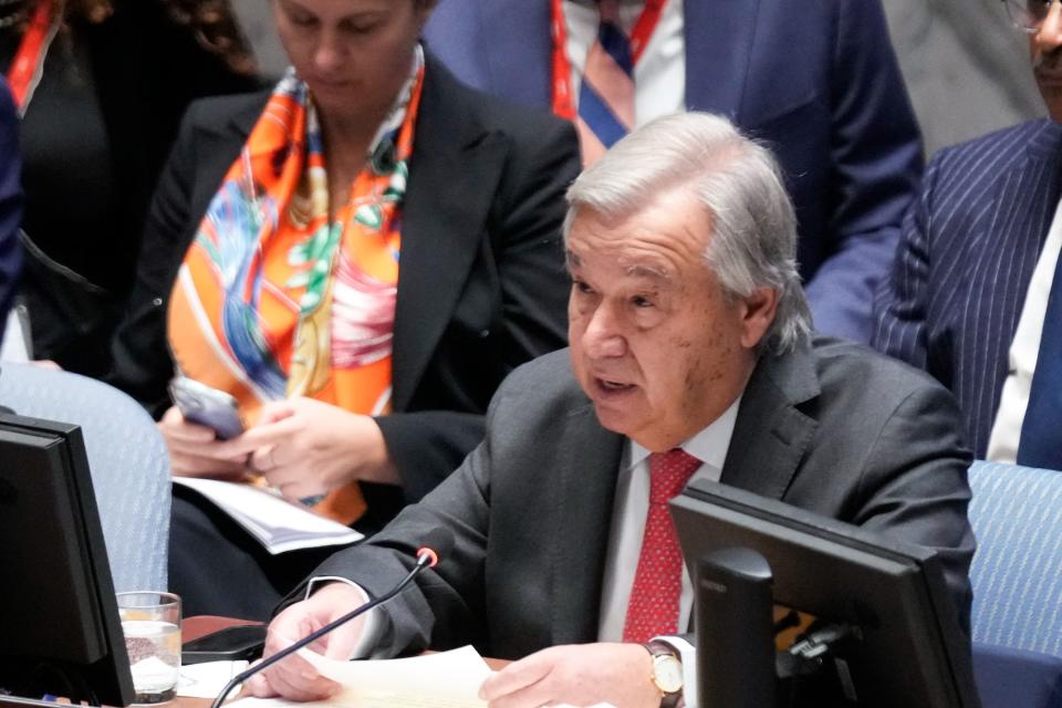 United Nations Secretary-General Antonio Guterres speaking during Tuesday's Security Council meeting (AP)