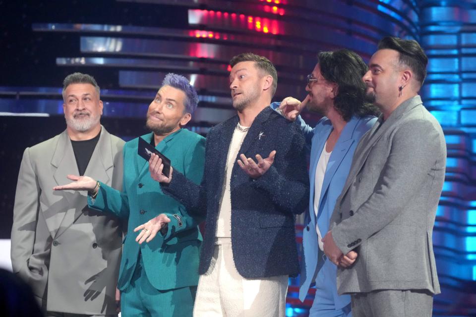 Joey Fatone, Lance Bass, Justin Timberlake, JC Chasez and Chris Kirkpatrick of NSYNC speak onstage the 2023 MTV Video Music Awards Sept. 12, 2023 in Newark, New Jersey.