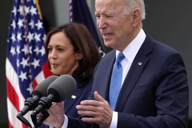 <p>Alex Wong / Getty Images</p> Vice President Kamala Harris stands alongside President Joe Biden as he delivers remarks outside the White House