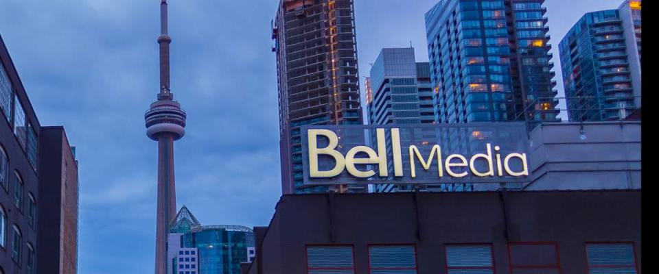 Bell Media with the CN Tower in the background in Downtown Toronto at night