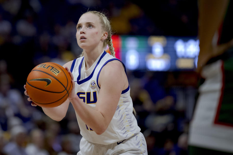 LSU guard Hailey Van Lith shoots a free throw during the first half against Mississippi Valley State on Nov. 12, 2023, in Baton Rouge, Louisiana. (AP Photo/Matthew Hinton)