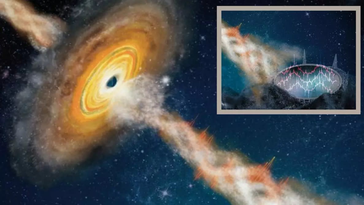  An illustration of a stellar mass black hole blasting out a micrcoquasar (inset) the FAST telescope registering emissions from this event 