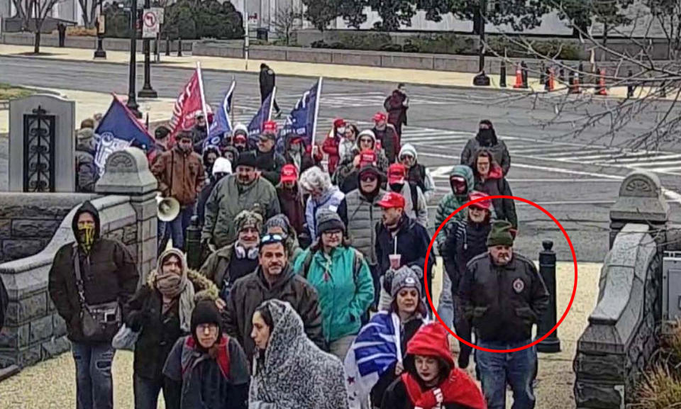 Lonnie Coffman, circled in red, with Trump supporters in Washington on Jan. 6, 2021, in an image from surveillance video. (U.S. Capitol Police)