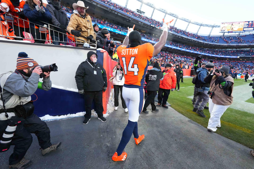 Oct 29, 2023; Denver, Colorado, USA; Denver Broncos wide receiver Courtland Sutton (14) following the win over the Kansas City Chiefs at Empower Field at Mile High. Mandatory Credit: Ron Chenoy-USA TODAY Sports