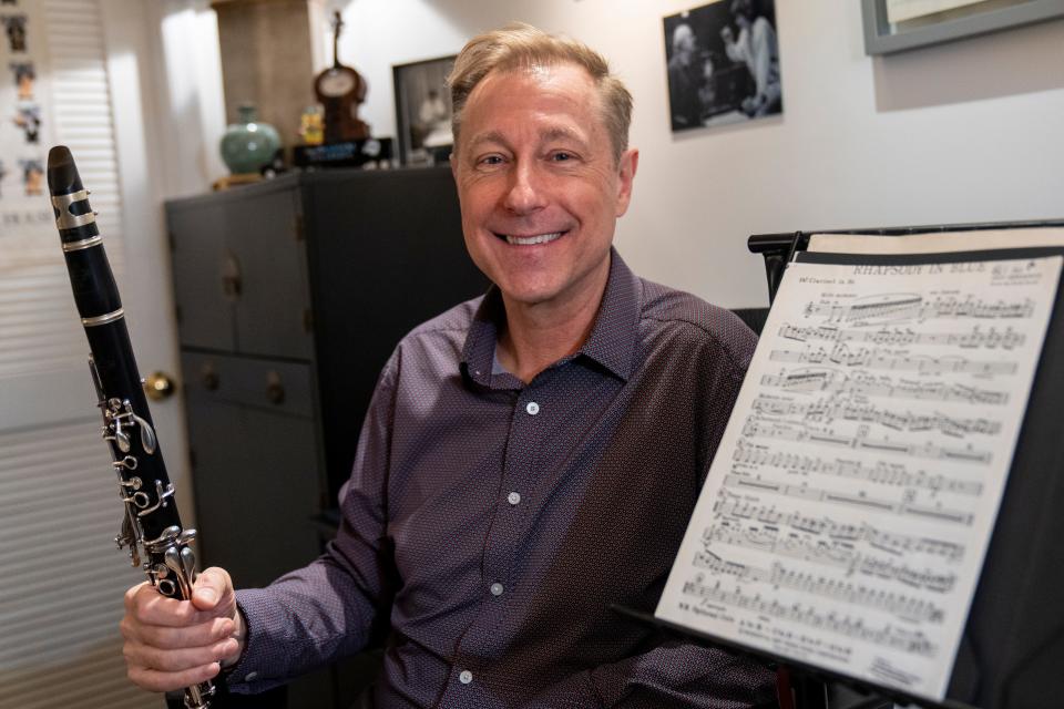 Jan 31, 2024; Closter, NJ, United States; Clarinetist Donald Mokrynski poses for a photo in his home studio on Wednesday afternoon.