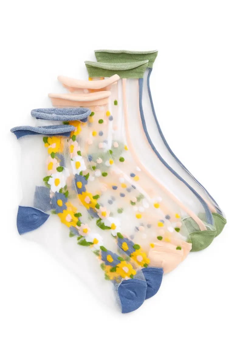 Tucker + Tate Kids' Assorted 3-Pack Sheer Floral Quarter Socks