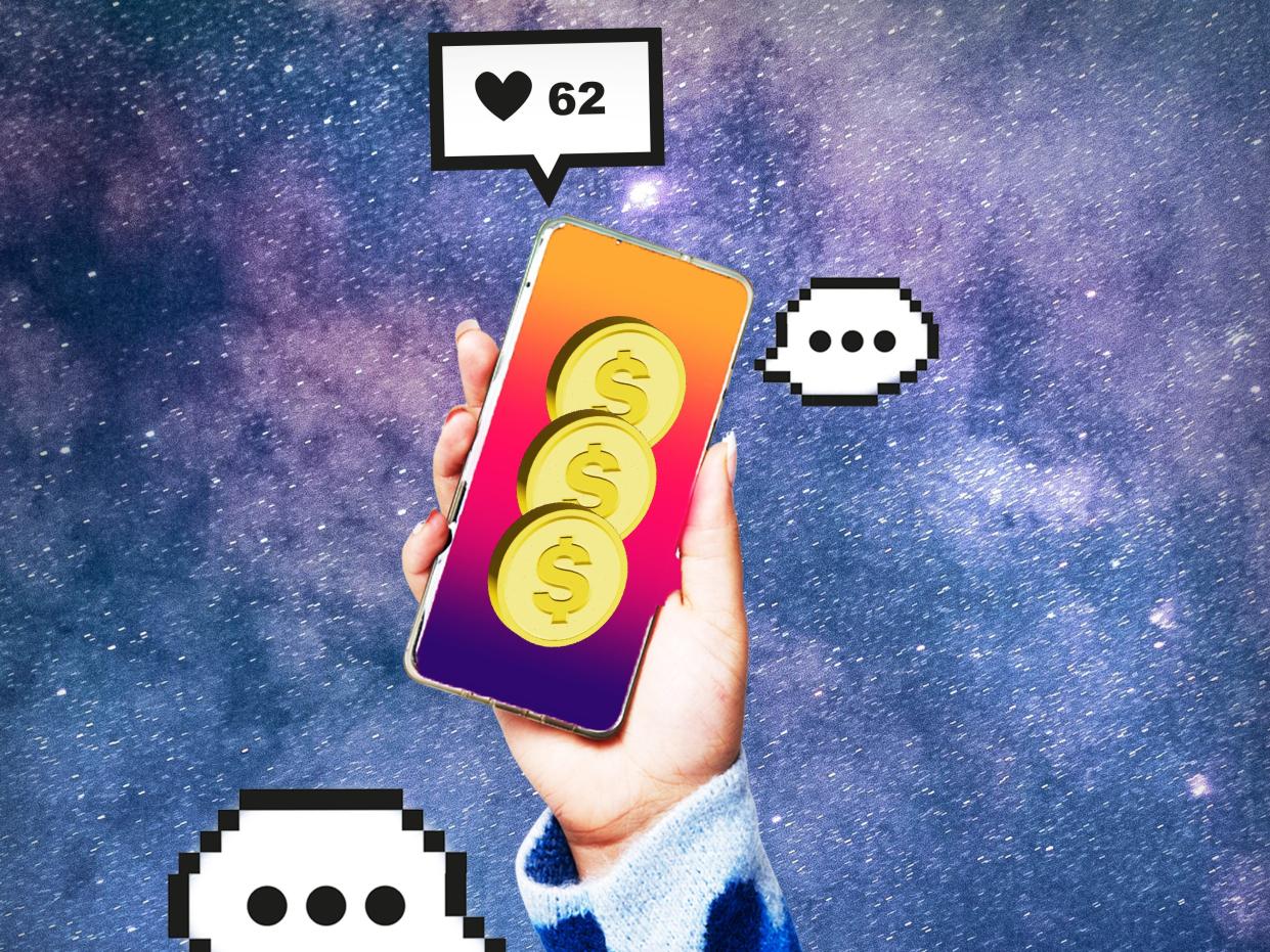 Coin symbols displayed on smartphone screen surrounded by likes and comment icons