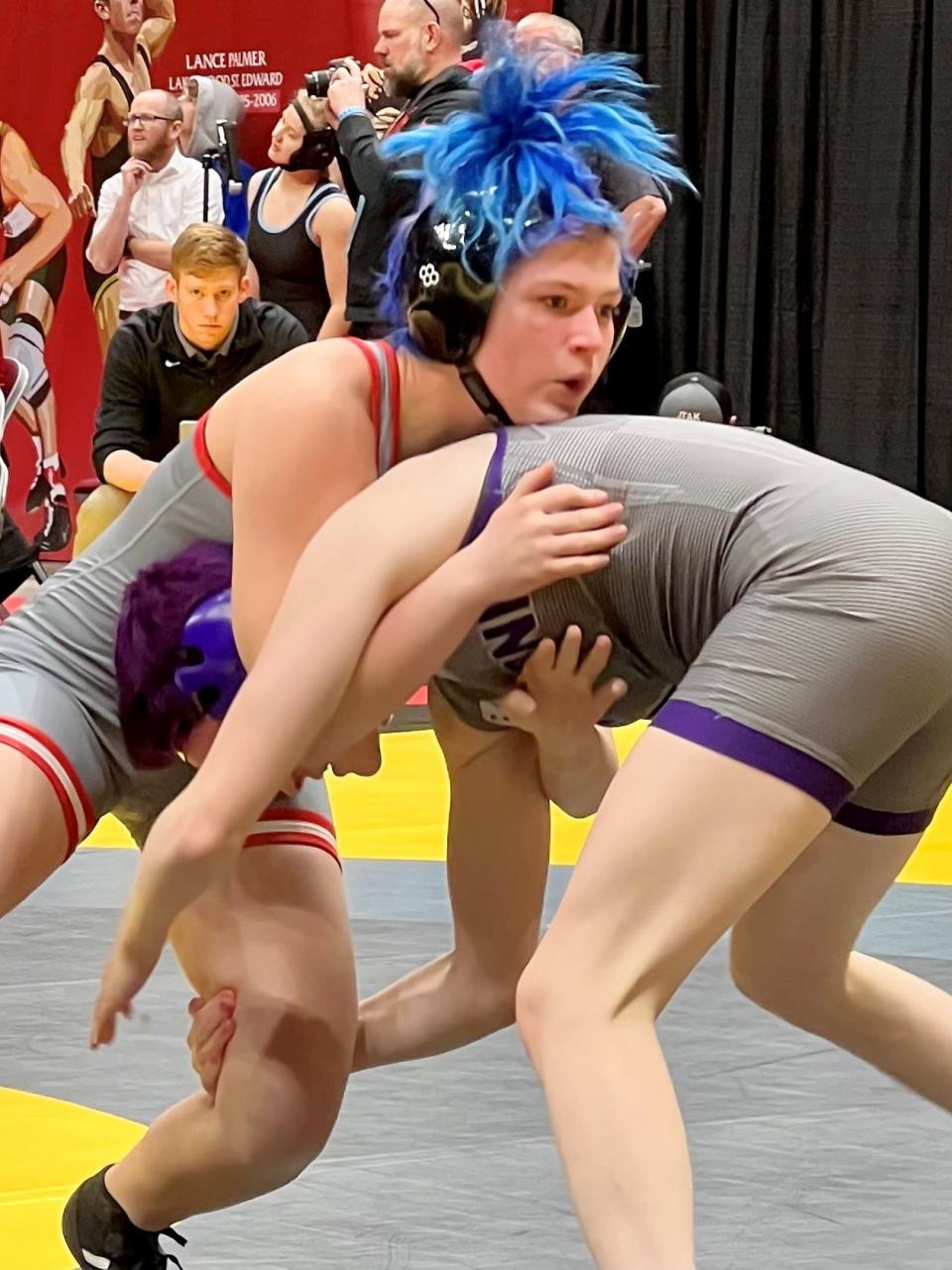 Elgin's Hallie Winslow wrestles at 115 pounds at last year's state tournament at Ohio State. She won the River Valley Girls Wrestling Tournament at 120 pounds over the holiday break.