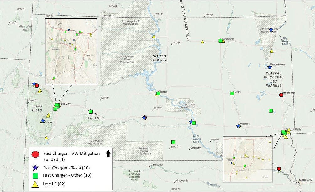 A map of electric vehicle charging stations in South Dakota.