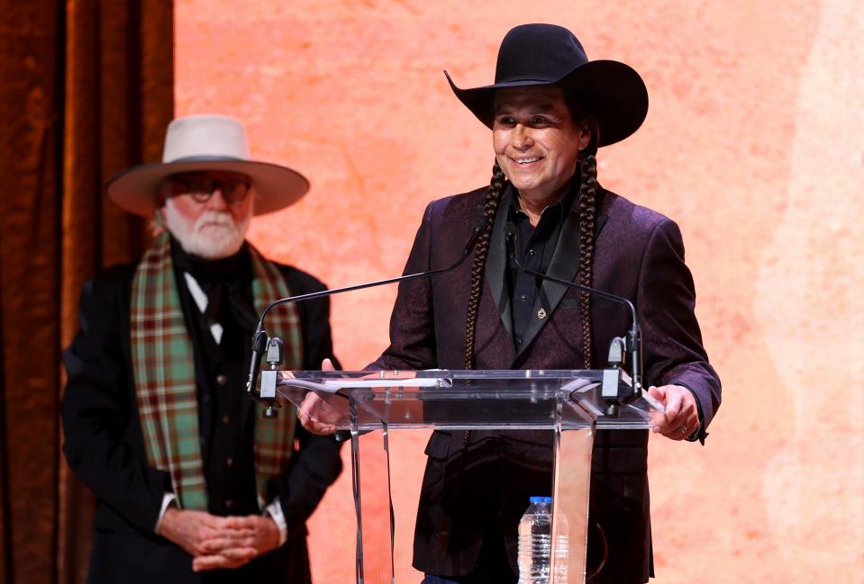 Mo Brings Plenty accepts the award for 2024 Western Heritage New Horizon Award on April 13 during the 2024 Western Heritage Awards at the National Cowboy & Western Heritage Museum in Oklahoma City.