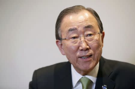 United Nations Secretary-General Ban Ki-moon reacts is pictured during an interview with Reuters during the World Climate Change Conference 2015 (COP21) in Le Bourget, near Paris, France, December 12, 2015. REUTERS/Jacky Naegelen