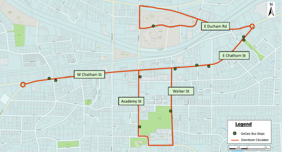 Soon, riders can travel throughout Downtown Cary on the Downtown Circulator route. The route will begin operation later this spring with 11 proposed bus stops.