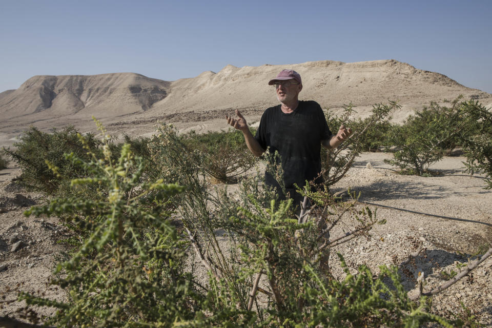 Un hombre muestra su granja en un asentamiento israelí en Cisjordania (AP Photo/Tsafrir Abayov)