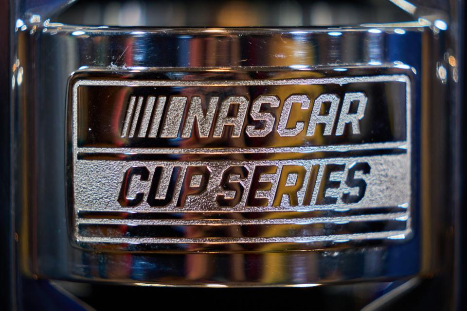 The NASCAR Cup Series logo is shown on the champions trophy during NASCAR media day at Phoenix Convention Center on Thursday, Nov. 3, 2022.