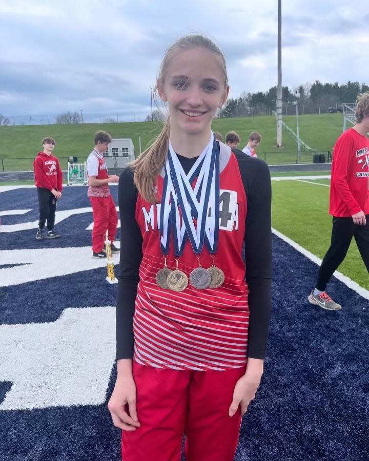 Minerva's Kyleigh Lippincott earned several medals during Saturday's Fairless Falcon Track and Field Invitational.