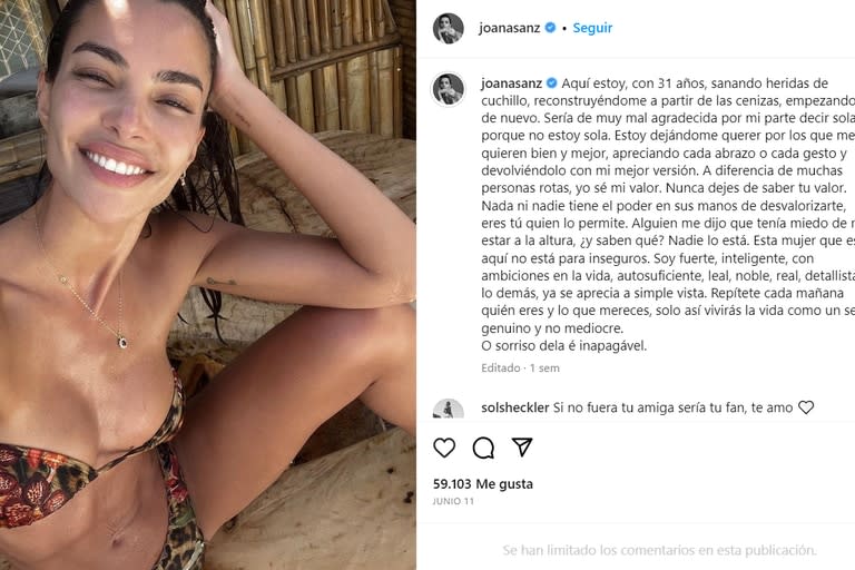 Sol Sheckler le mostró su apoyo a Joana Sanz con un mensaje