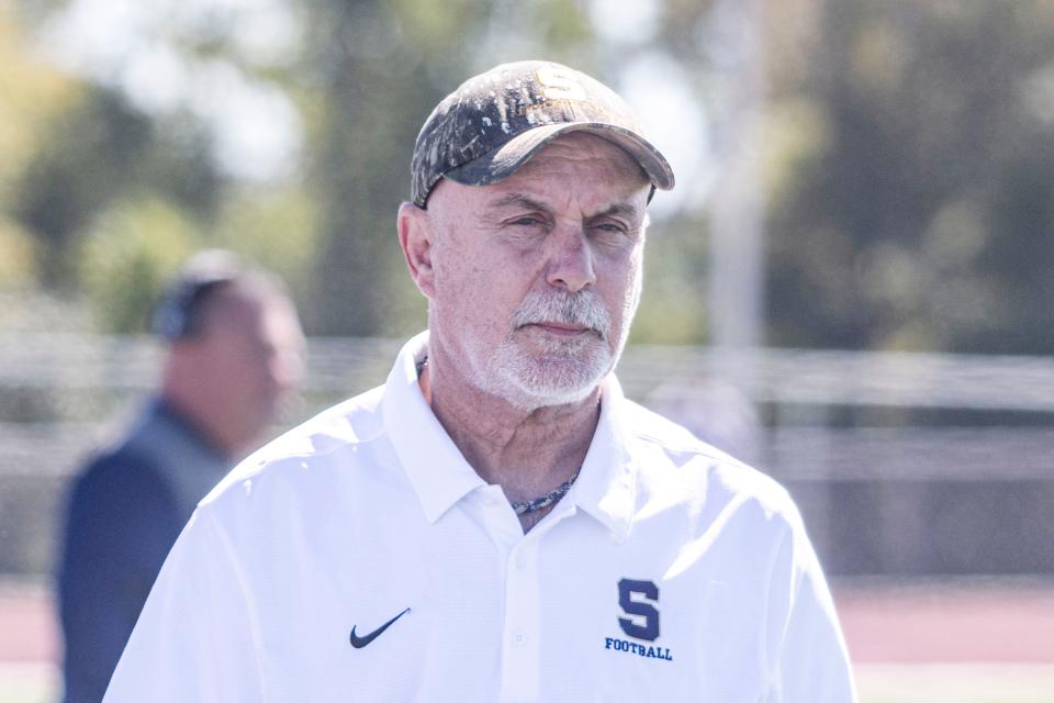 Coach Bill DiNardo in Salesianum's 16-14 win at St. Georges on Saturday, Sept. 24, 2022.