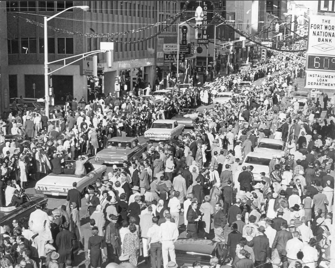 President John F. Kennedy’s motorcade driving down Main Street in downtown Fort Worth, on the way to Carswell AFB to fly to Dallas, 11/22/1963