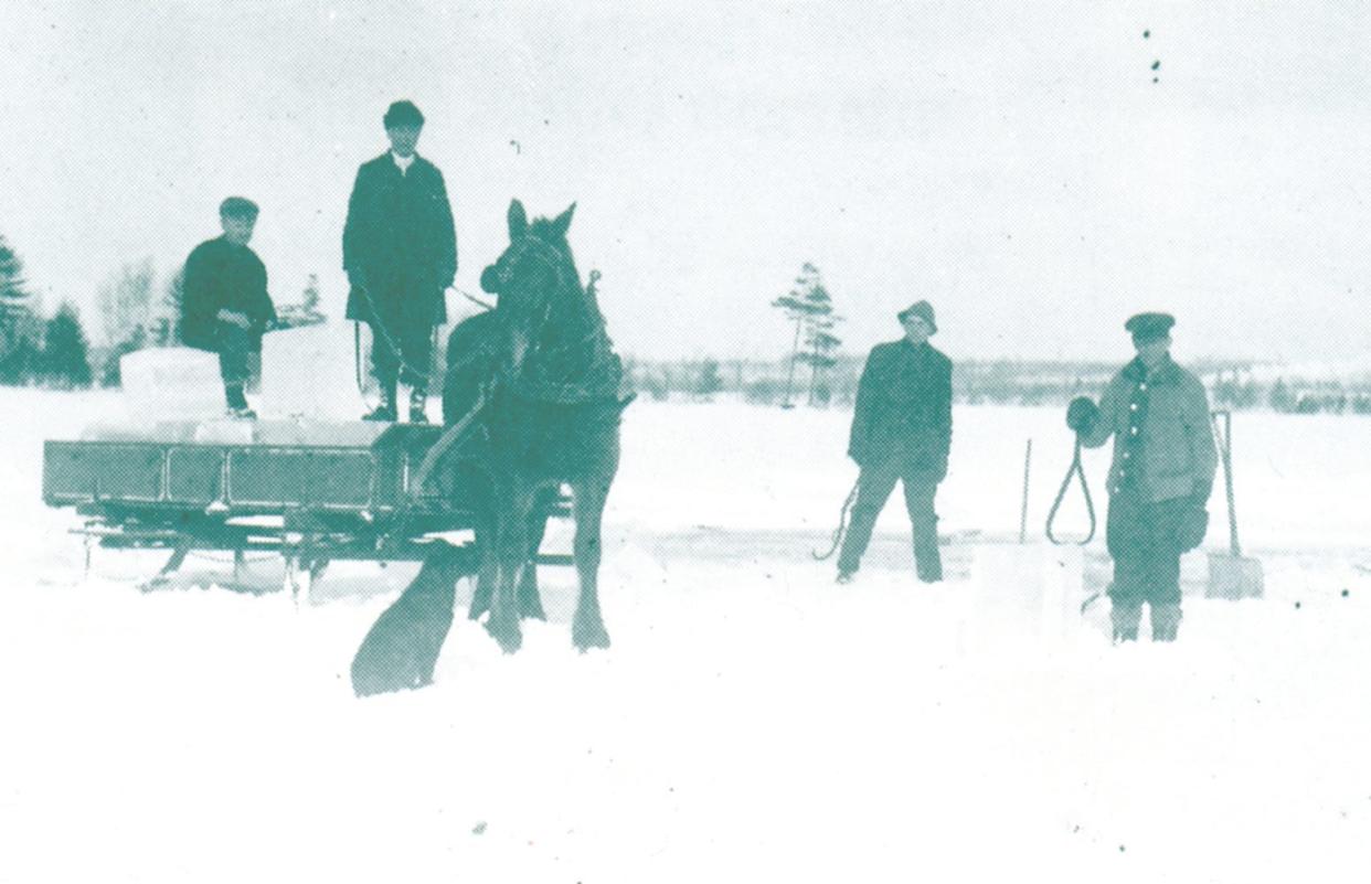 Early pioneers harvest ice on an Otsego County Lake.