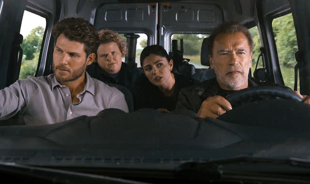 Courtesy of Netflix From left: Travis Van Winkle, Fortune Feimster, Monica Barbaro and Arnold Schwarzenegger on 'FUBAR'