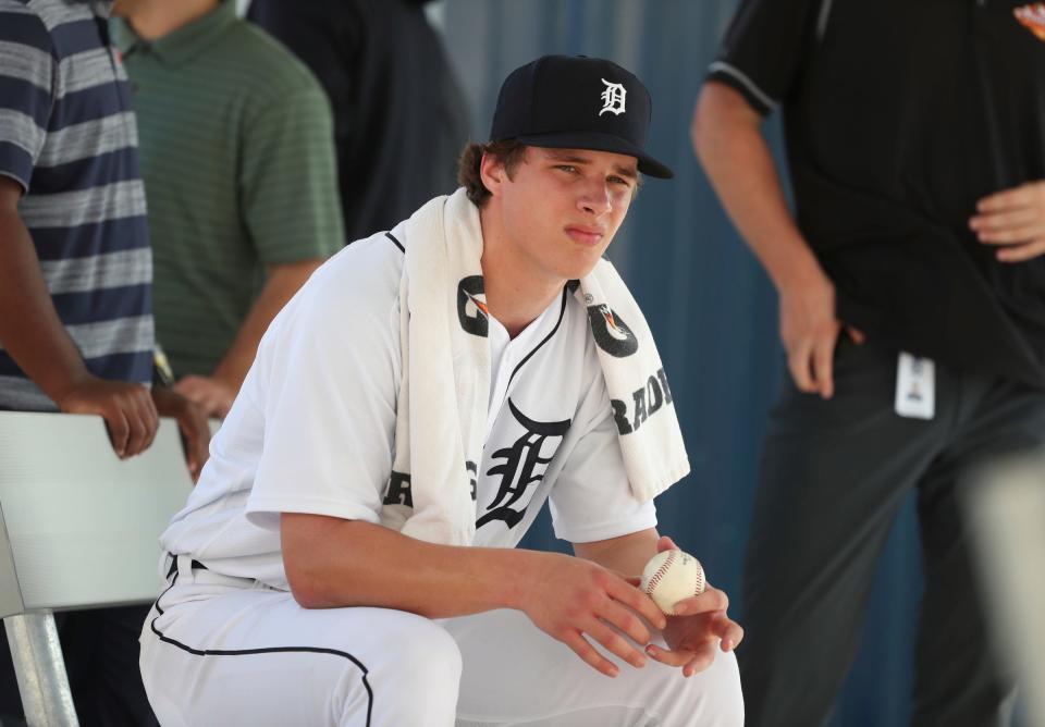 Detroit Tigers right-handed pitching prospect Jackson Jobe throws live batting practice during spring training minor league minicamp Wednesday, Feb. 23, 2022 at Tiger Town in Lakeland.