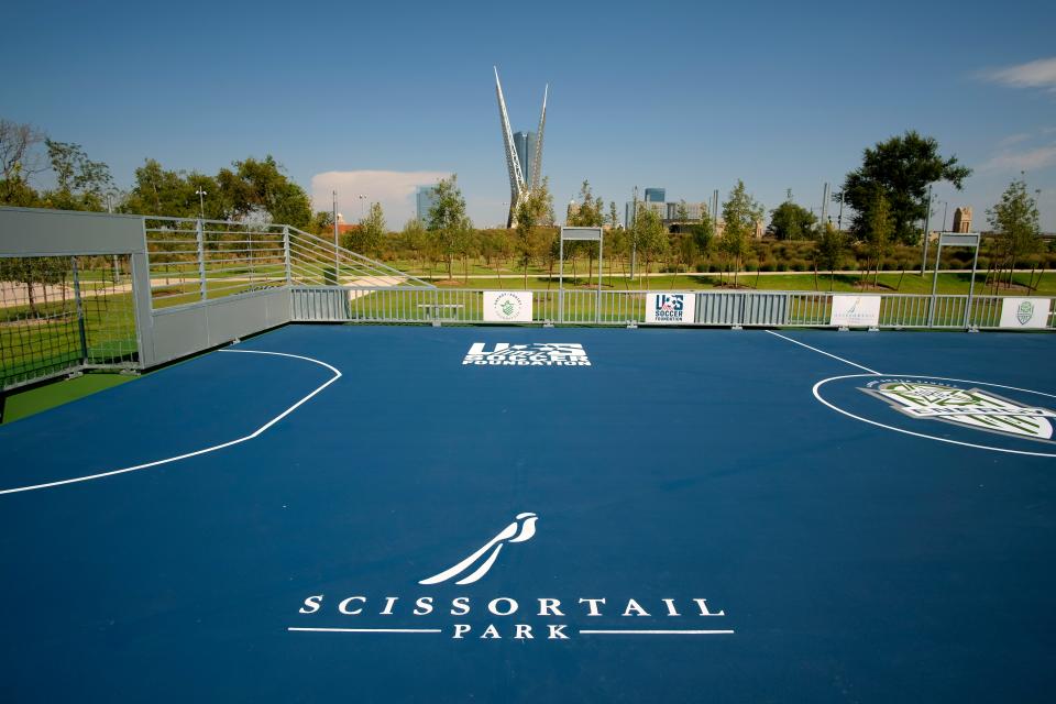 Futsal court looking north toward downtown Friday, Sept. 16, 2022, during a preview of Scissortail Park's lower half.