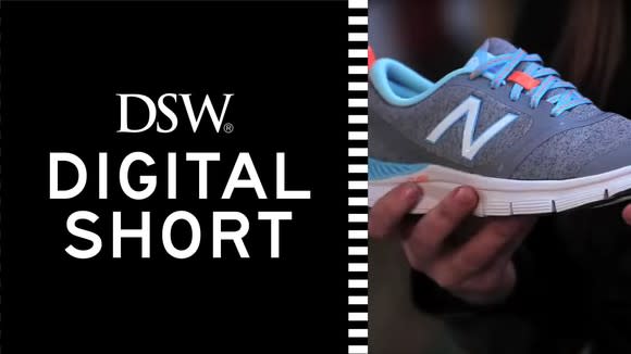 DSW logo with promotion, including picture of grey and blue shoe held by a hand.