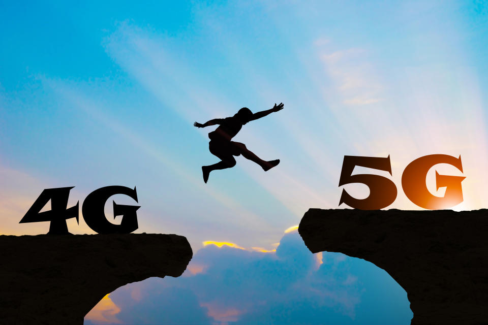 Technology 4G go to 5G Men jump over silhouette