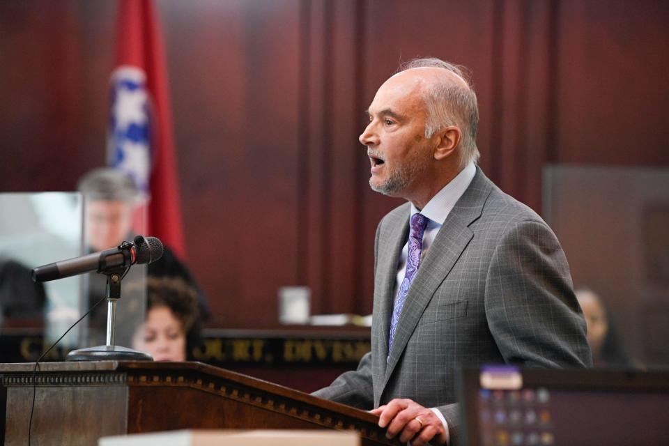 RaDonda Vaught's Attorney Peter Strianse, talks during the opening statements of Vaught's homicide trial at the Justice A.A. Birch Building  in Nashville, Tenn., Tuesday, March 22, 2022. 