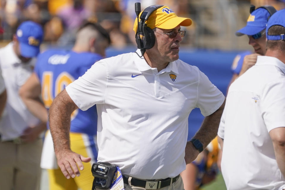 Pittsburgh head coach Pat Narduzzi watches as his team plays against Western Michigan during the second half of an NCAA college football game, Saturday, Sept. 18, 2021, in Pittsburgh. Western Michigan won 44-41.(AP Photo/Keith Srakocic)