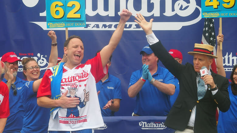 Joey Chestnut winning Nathan's hot dog contest