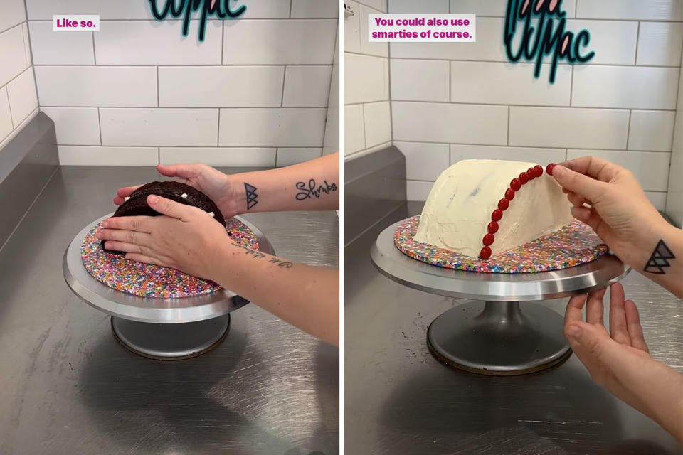 L: Two hands pushing together two pieces of a Woolworths mud cake. R: A hand placing red M&Ms onto a frosted rainbow cake.