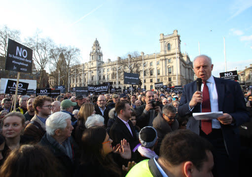 <p>Jonathan Arkush, the then president of the Board of Deputies of British Jews, speaks during a 2018 protest against antisemitism in the Labour Party in Parliament Square, London</p> (PA)