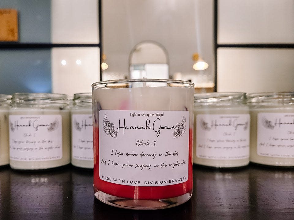 The Hannah Goman memorial candles created by Sollita Franc, owner of Division + Brawley.