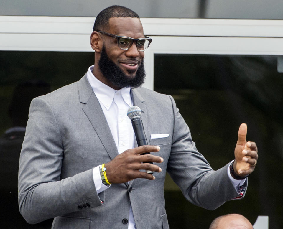 LeBron James speaks at the opening ceremony for his I Promise School in Akron, Ohio, on July 30, 2018. (AP Photo/Phil Long)