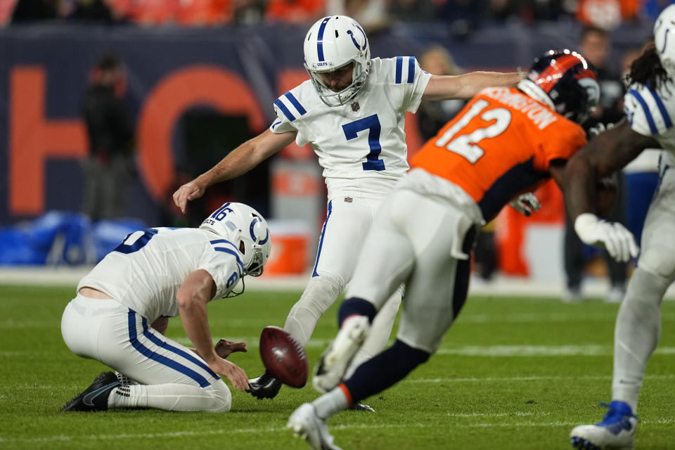 Indianapolis Colts place kicker Chase McLaughlin (7) kicks a field goal against the Denver Broncos during the first half of an NFL football game, Thursday, Oct. 6, 2022, in Denver. (AP Photo/Jack Dempsey)