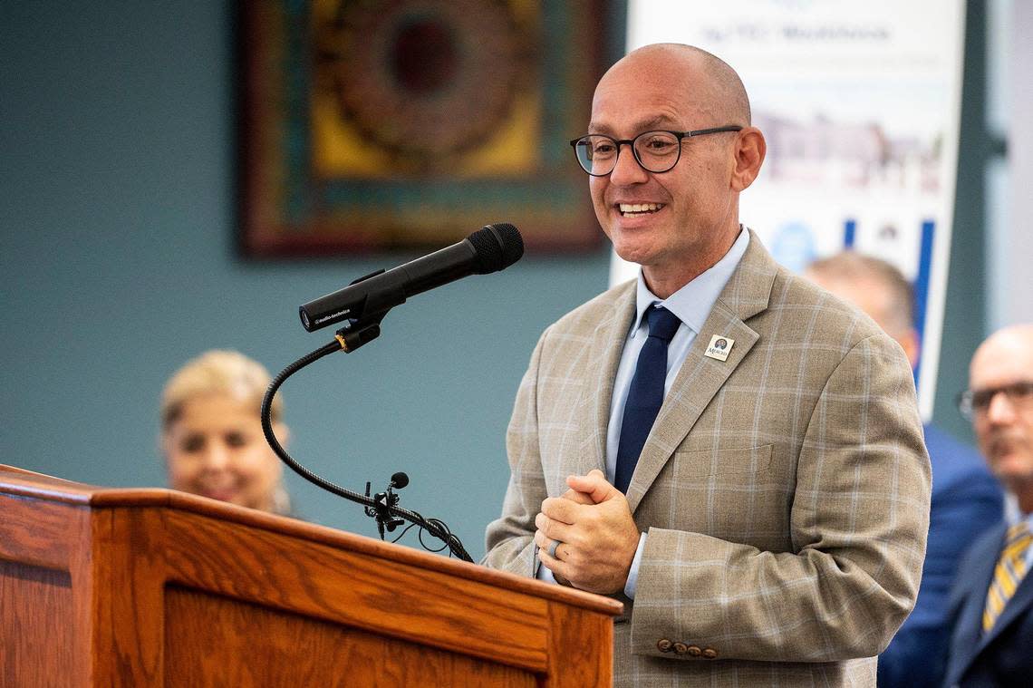 Merced College Superintendent and President Chris Vitelli, speaks during a news conference to announce a new Agrifood Technology and Engineering Collaborative, on the Merced College campus in Merced, Calif., on Tuesday, Sept. 6, 2022. According to the college, the initiative is expected to advance the San Joaquin Valley’s agriculture industry with advancements in technology and engineering as well as education and workforce training.