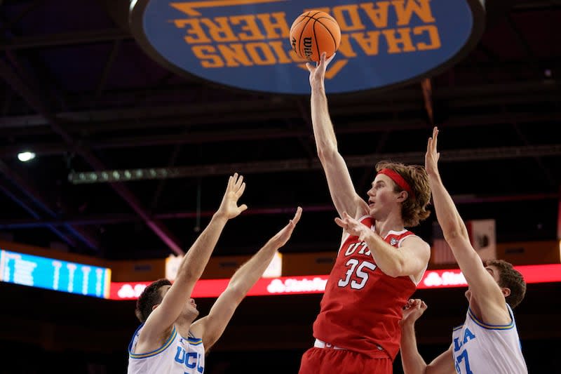 Utah center Branden Carlson (35) shoots against UCLA during game, Sunday, Feb. 18, 2024, in Los Angeles. | Eric Thayer, AP