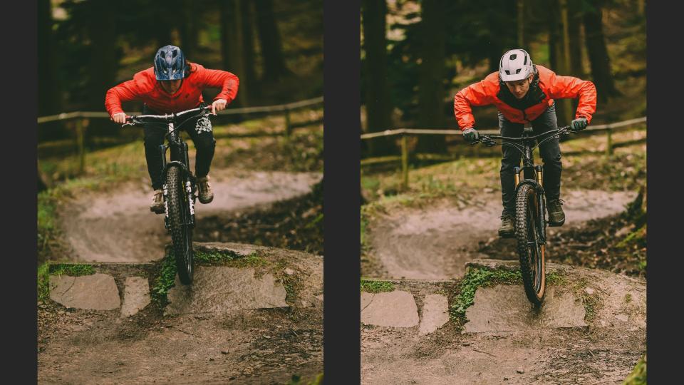 Mountain bike riders on rock drops