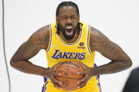 Los Angeles Lakers' DeAndre Jordan poses for photos during the NBA basketball team's Media Day Tuesday, Sept. 28, 2021, in El Segundo, Calif. (AP Photo/Marcio Jose Sanchez)