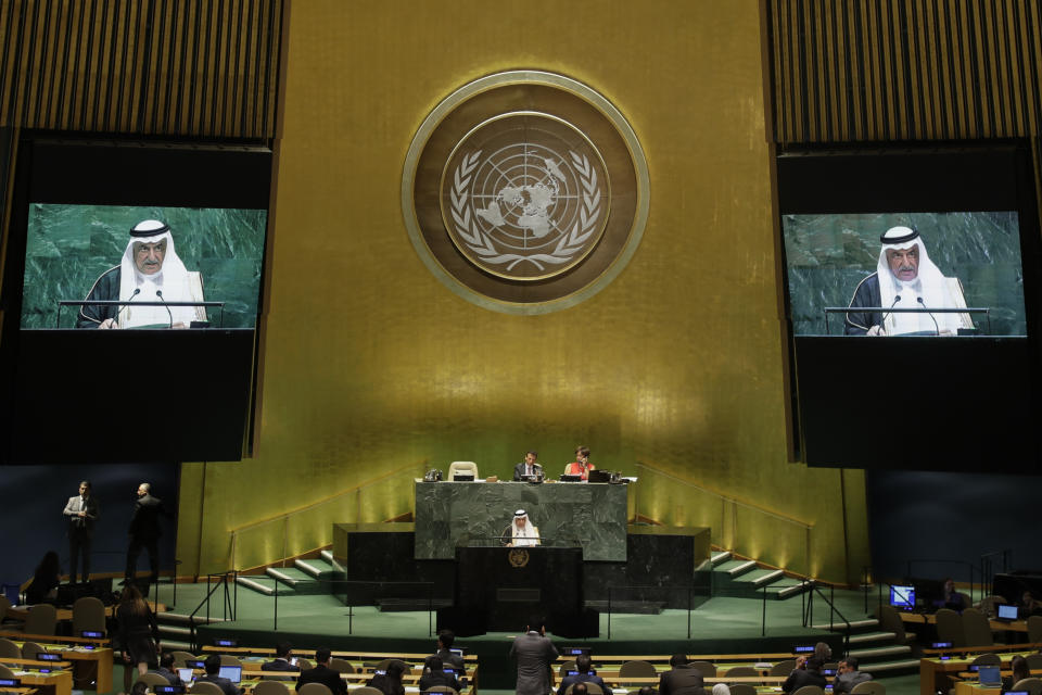 Saudi Foreign Minister Ibrahim Bin Abdulaziz Al-Assaf addresses the 74th session of the United Nations General Assembly, Thursday, Sept. 26, 2019, at the United Nations headquarters. (AP Photo/Frank Franklin II)